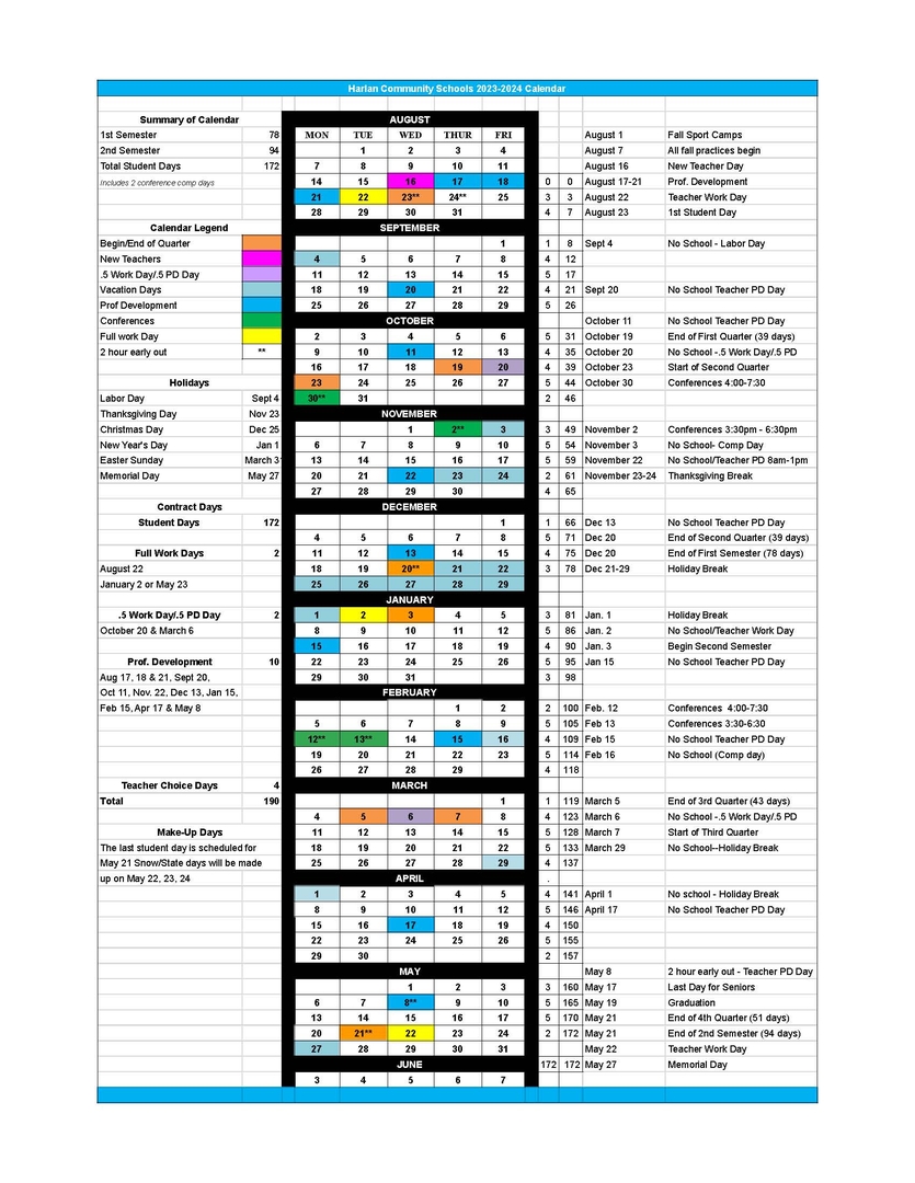 Harlan Community School District 202324 District Calendar